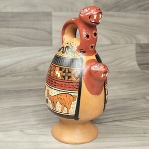 Peru Inca Style Jaguar Pitcher Clay Pottery Hand Painted Llamas 8" Decorative